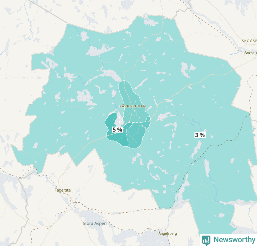 Karta över andel av befolkningensom är mellan 0 och 4 år per område i Norberg 2024.