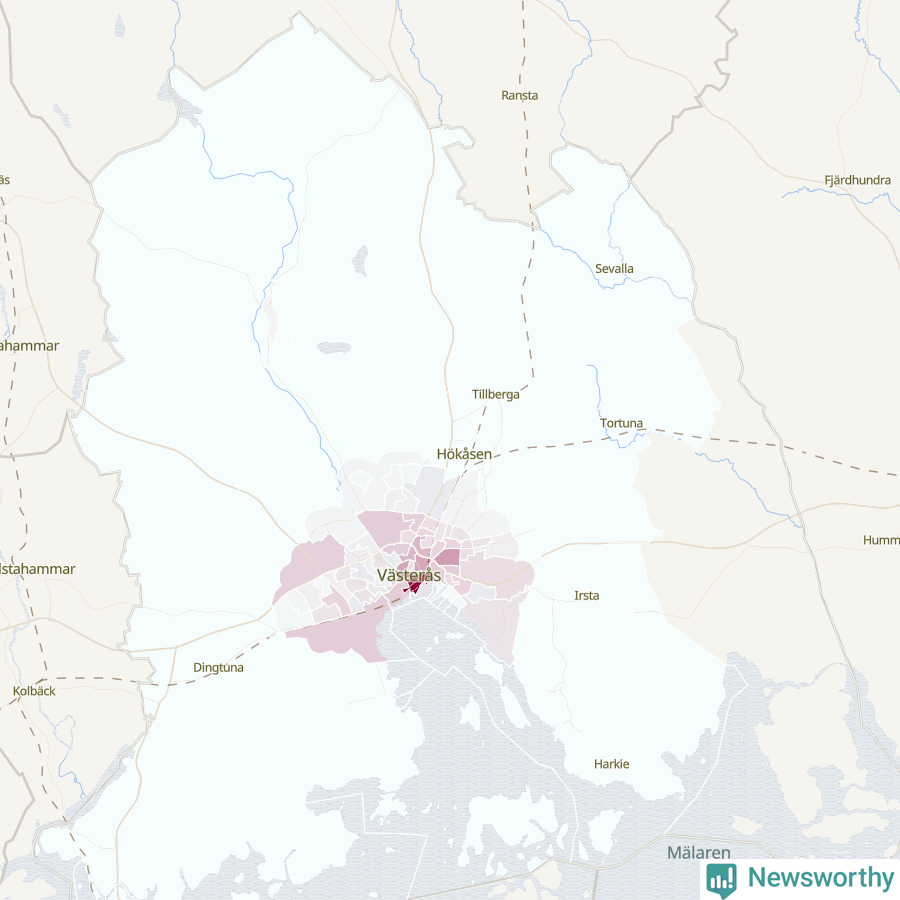 Karta som visar antalet cykelstölder i olika delar av Västerås kommun, även i tabell nedan