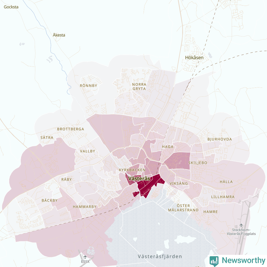 Karta som visar antalet cykelstölder i olika delar av Västerås, se tabell ovan