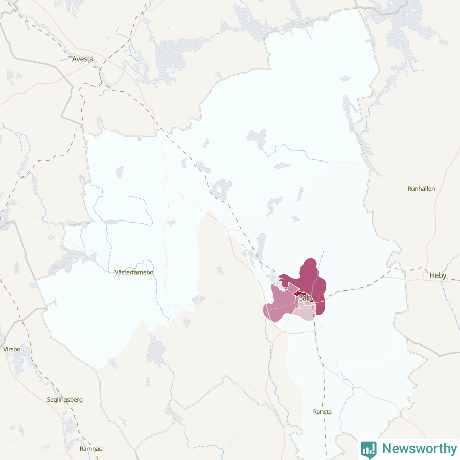Karta som visar antalet cykelstölder i olika delar av Sala kommun, även i tabell nedan