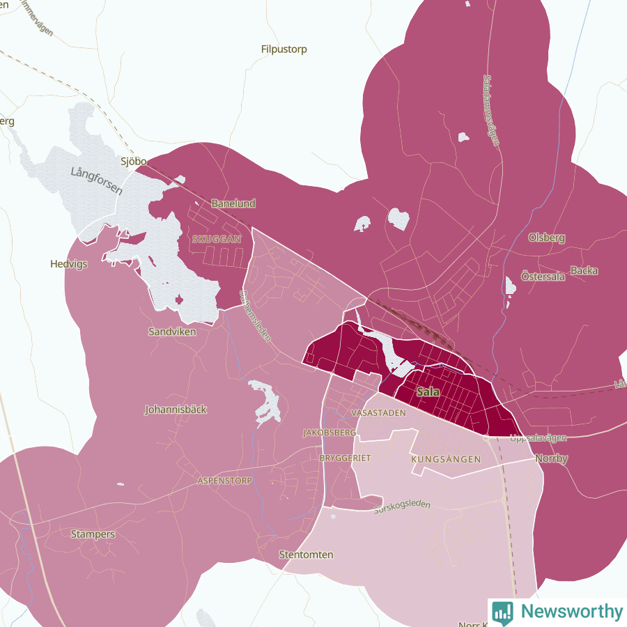 Karta som visar antalet cykelstölder i olika delar av Sala, se tabell ovan