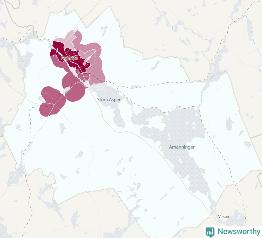 Karta som visar antalet cykelstölder i olika delar av Fagersta kommun, även i tabell nedan