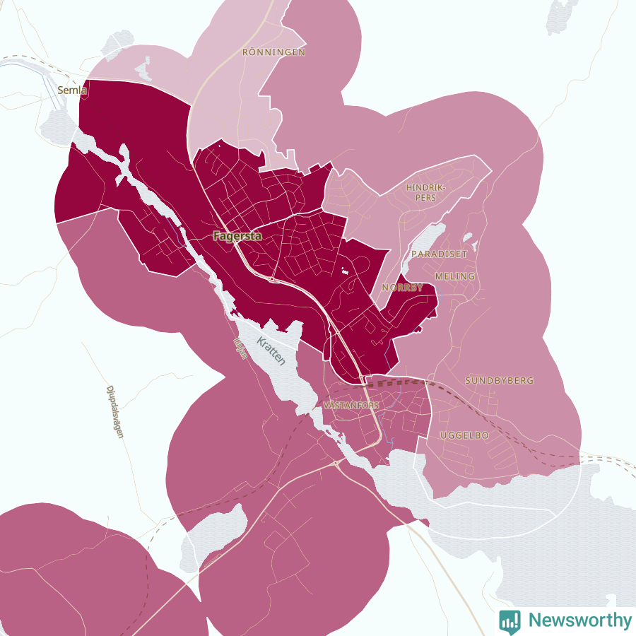 Karta som visar antalet cykelstölder i olika delar av Fagersta, se tabell ovan
