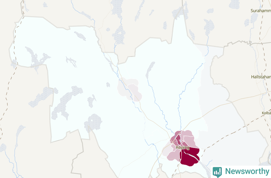 Karta som visar antalet cykelstölder i olika delar av Köpings kommun, även i tabell nedan
