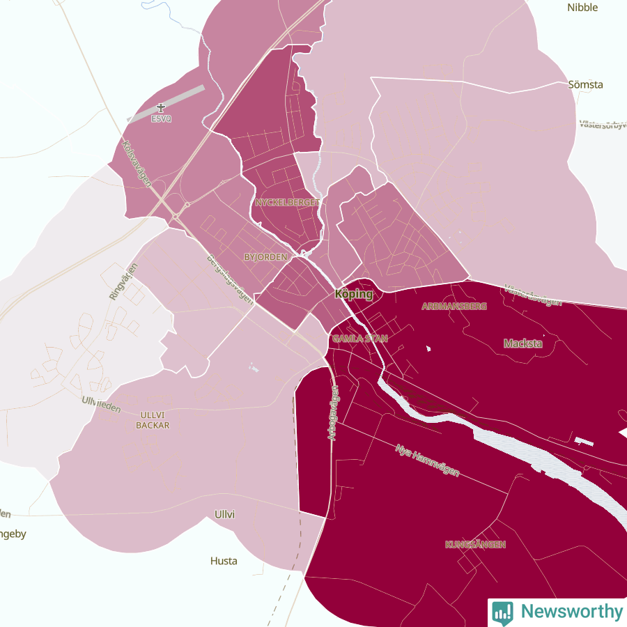 Karta som visar antalet cykelstölder i olika delar av Köping, se tabell ovan