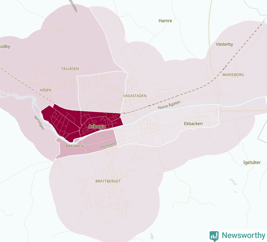 Karta som visar antalet cykelstölder i olika delar av Arboga, se tabell ovan