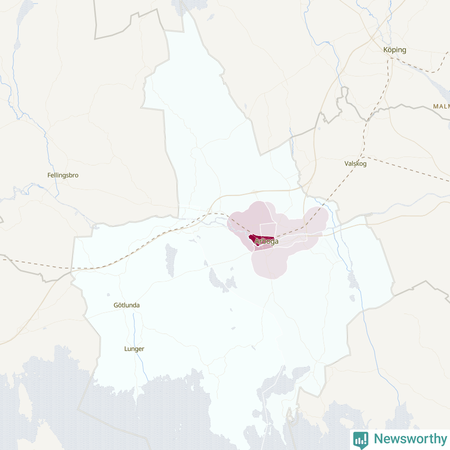 Karta som visar antalet cykelstölder i olika delar av Arboga kommun, även i tabell nedan