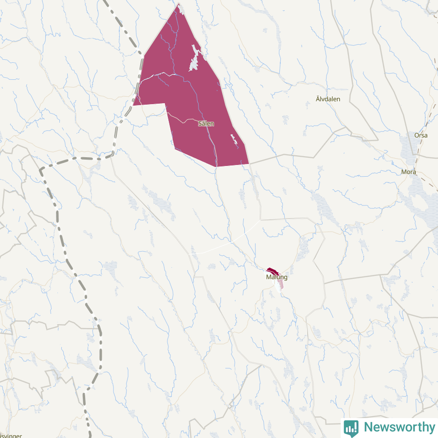 Karta som visar antalet cykelstölder i olika delar av Malung-Sälens kommun, även i tabell nedan