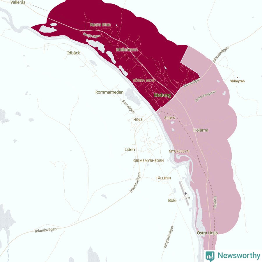 Karta som visar antalet cykelstölder i olika delar av Malung, se tabell ovan