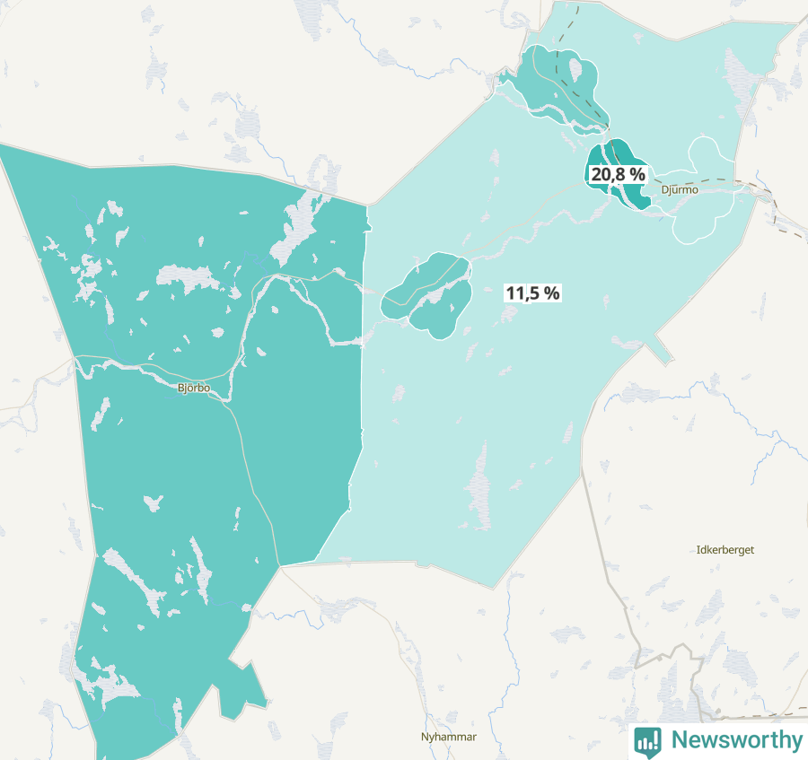 Karta över andel av befolkningen är ensamstående utan barn per område i Gagnef 2023.