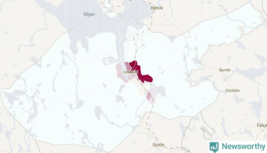 Karta som visar antalet cykelstölder i olika delar av Leksands kommun, även i tabell nedan
