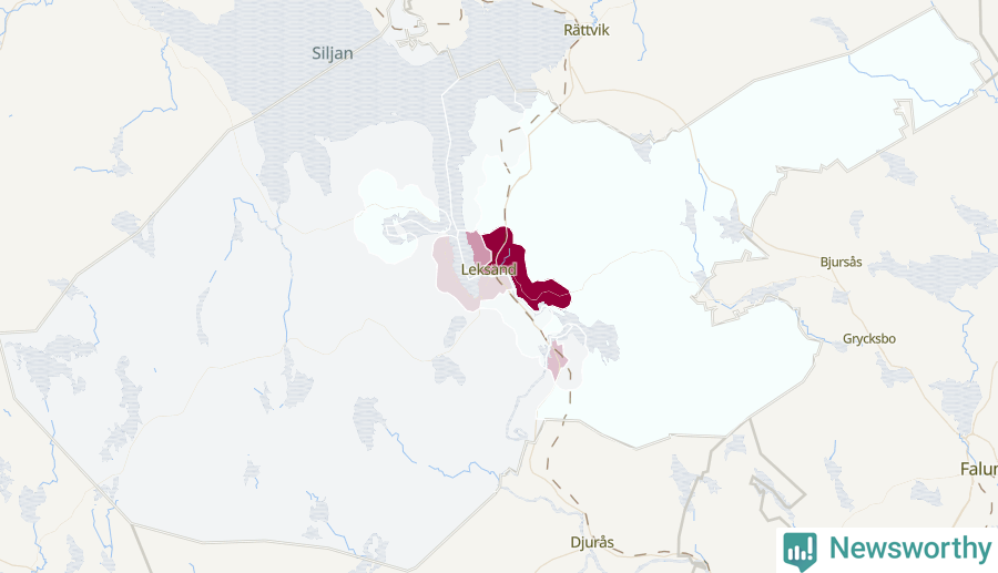 Karta som visar antalet cykelstölder i olika delar av Leksands kommun, även i tabell nedan