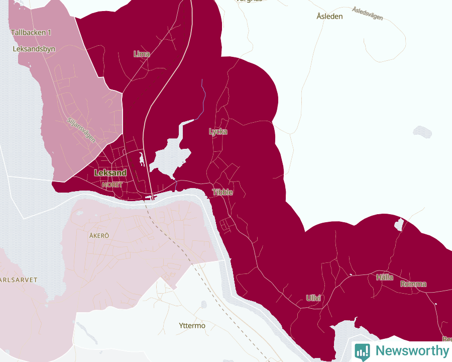 Karta som visar antalet cykelstölder i olika delar av Leksand, se tabell ovan