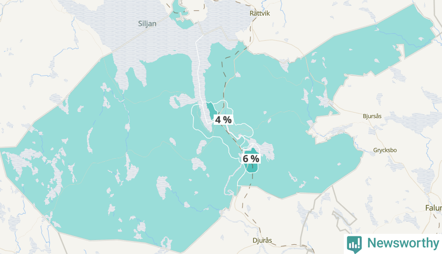 Karta över andel av befolkningensom är mellan 0 och 4 år per område i Leksand 2024.
