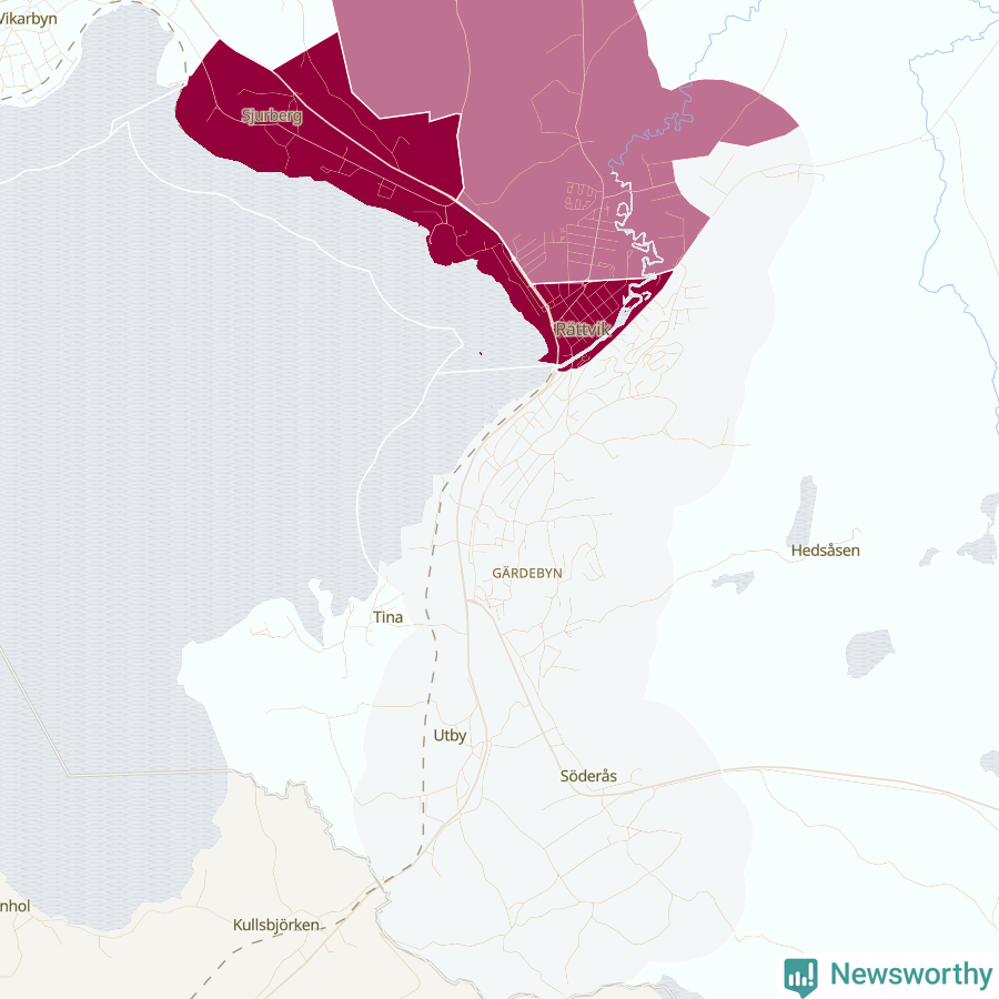 Karta som visar antalet cykelstölder i olika delar av Rättvik, se tabell ovan