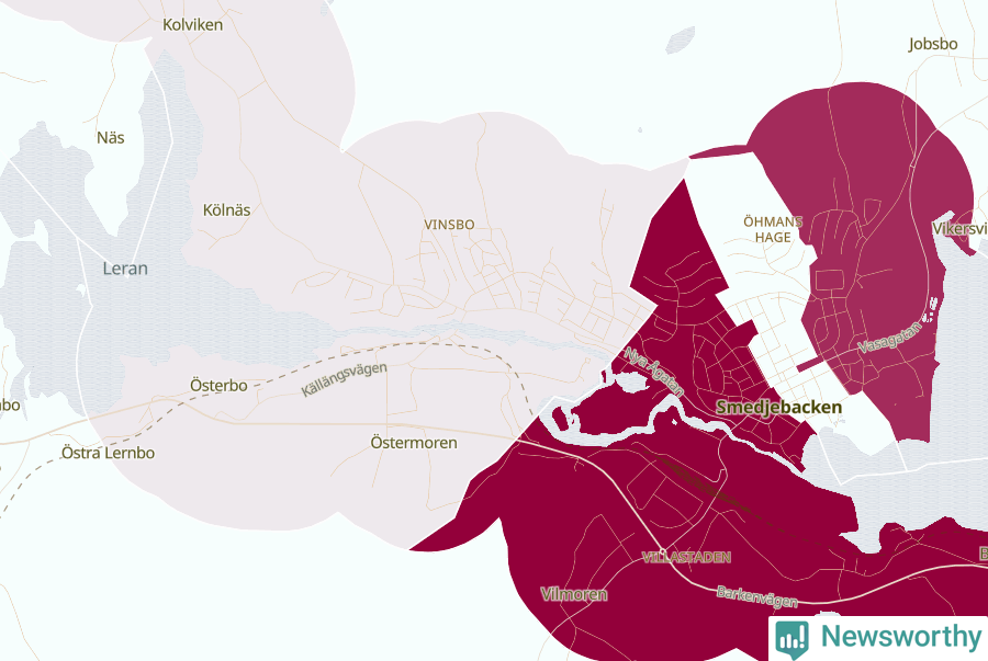 Karta som visar antalet cykelstölder i olika delar av Smedjebacken, se tabell ovan