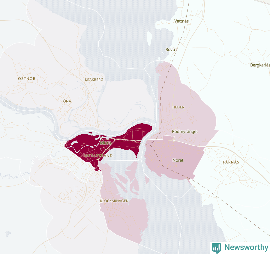 Karta som visar antalet cykelstölder i olika delar av Mora, se tabell ovan