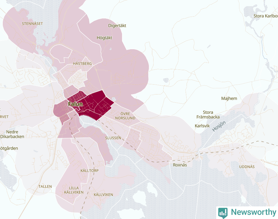 Karta som visar antalet cykelstölder i olika delar av Falun, se tabell ovan