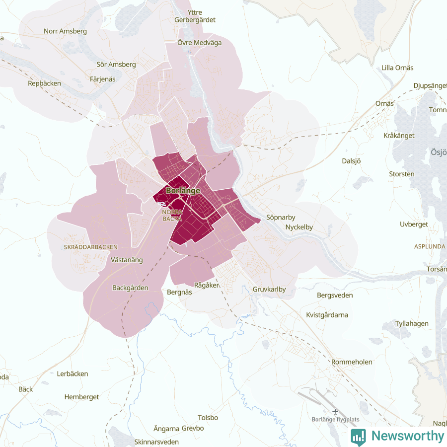 Karta som visar antalet cykelstölder i olika delar av Borlänge, se tabell ovan