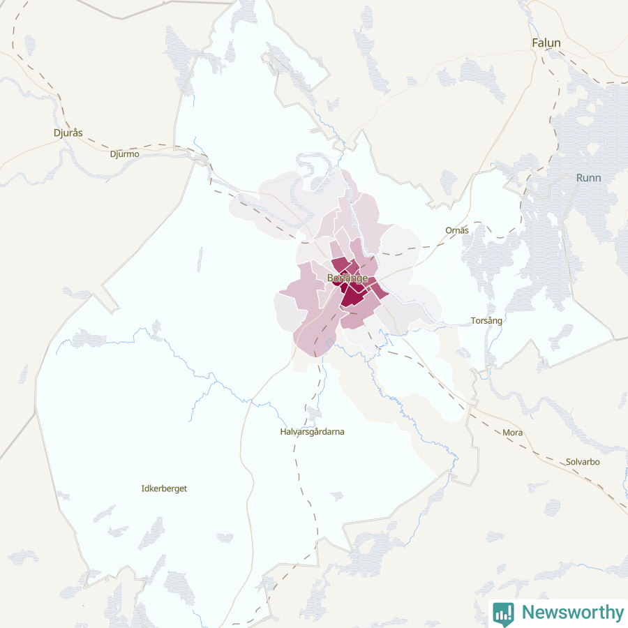 Karta som visar antalet cykelstölder i olika delar av Borlänge kommun, även i tabell nedan