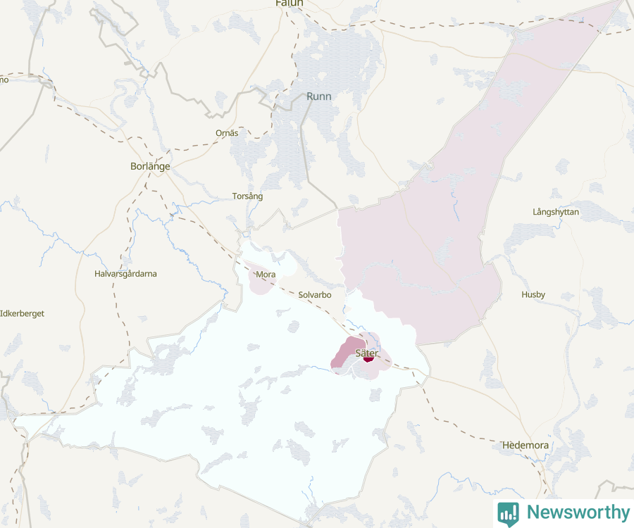 Karta som visar antalet cykelstölder i olika delar av Säters kommun, även i tabell nedan