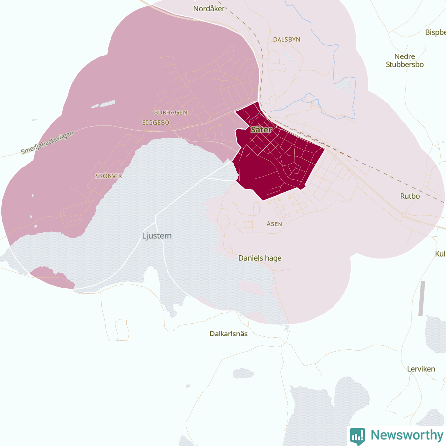 Karta som visar antalet cykelstölder i olika delar av Säter, se tabell ovan