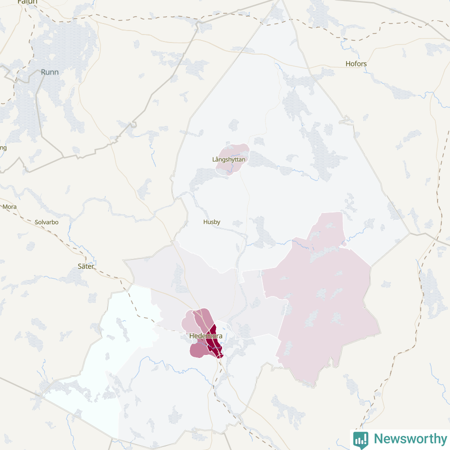 Karta som visar antalet cykelstölder i olika delar av Hedemora kommun, även i tabell nedan