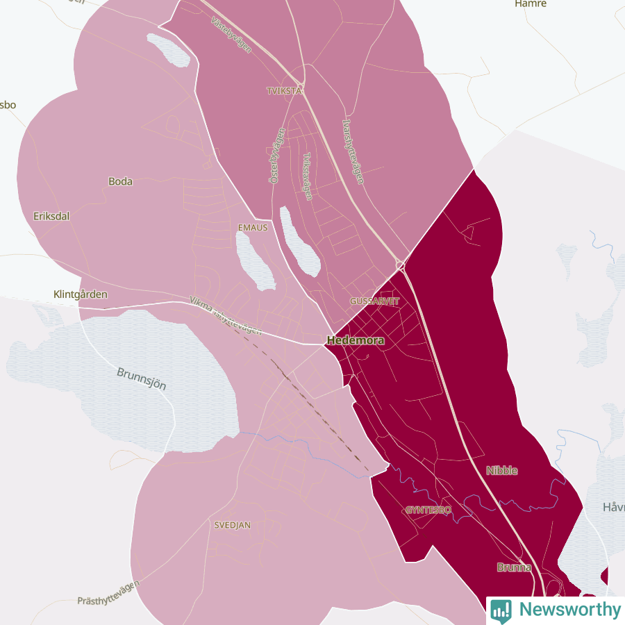 Karta som visar antalet cykelstölder i olika delar av Hedemora, se tabell ovan