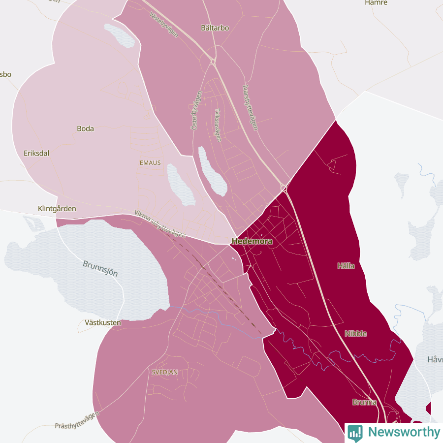 Karta som visar antalet cykelstölder i olika delar av Hedemora, se tabell ovan
