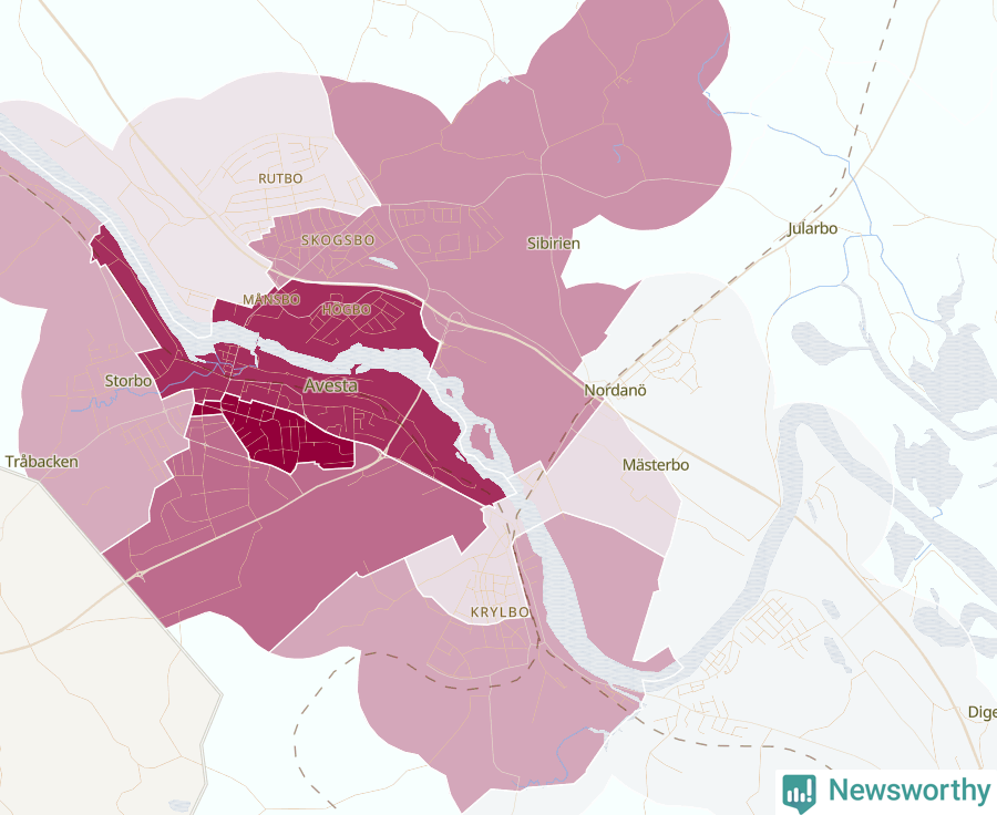 Karta som visar antalet cykelstölder i olika delar av Avesta och Krylbo, se tabell ovan