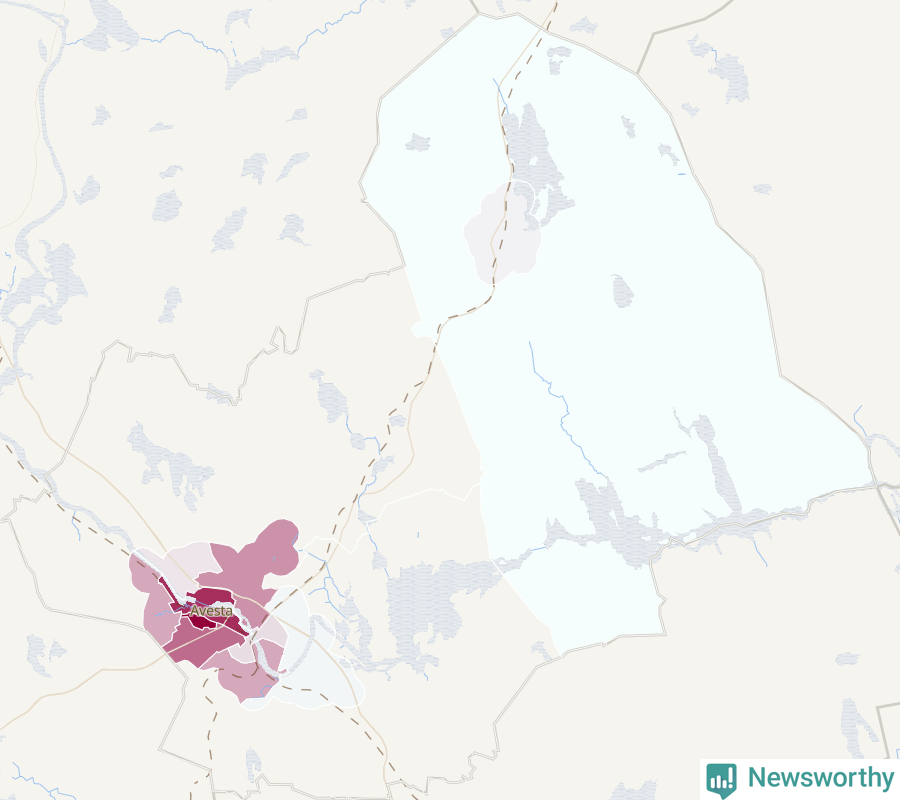 Karta som visar antalet cykelstölder i olika delar av Avesta kommun, även i tabell nedan