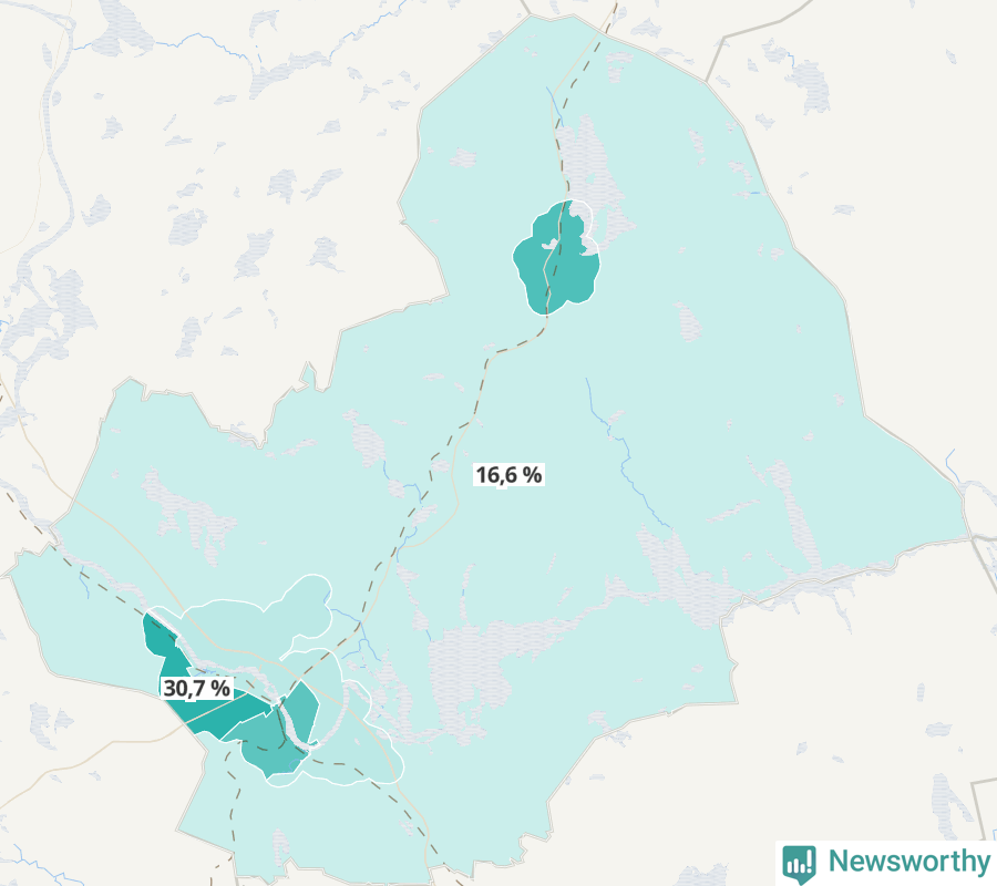 Karta över andel av befolkningen är ensamstående utan barn per område i Avesta 2023.