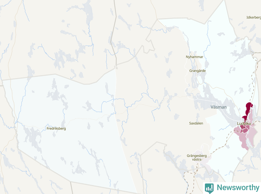 Karta som visar antalet cykelstölder i olika delar av Ludvika kommun, även i tabell nedan