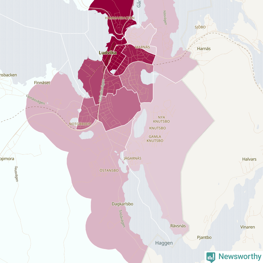 Karta som visar antalet cykelstölder i olika delar av Ludvika, se tabell ovan