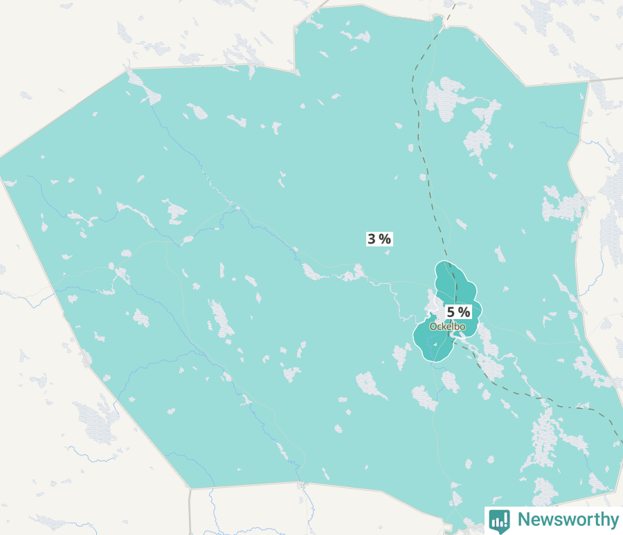 Karta över andel av befolkningensom är mellan 0 och 4 år per område i Ockelbo 2024.