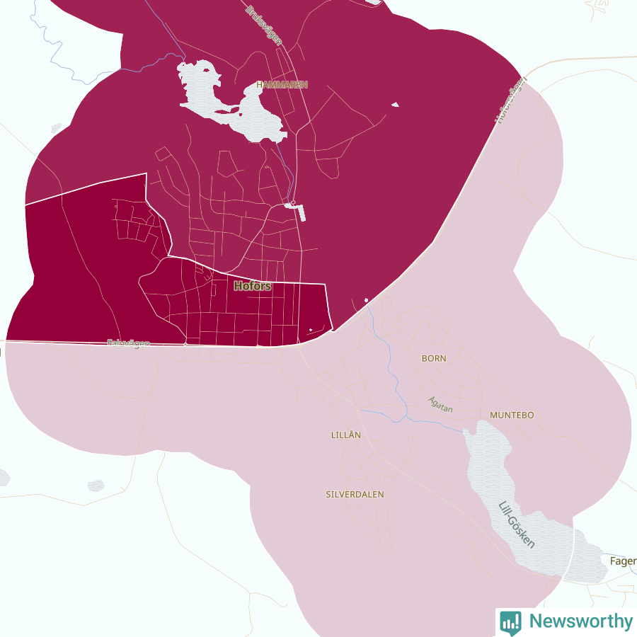 Karta som visar antalet cykelstölder i olika delar av Hofors, se tabell ovan