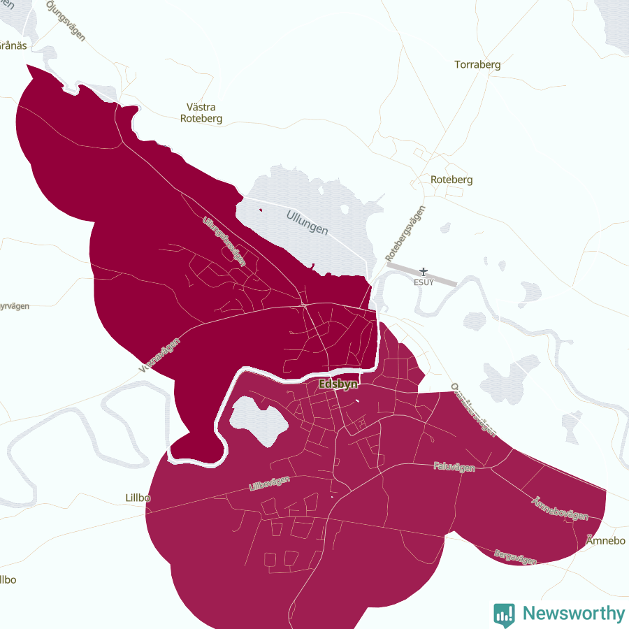 Karta som visar antalet cykelstölder i olika delar av Edsbyn, se tabell ovan