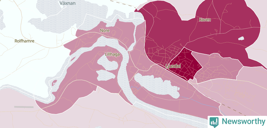 Karta som visar antalet cykelstölder i olika delar av Ljusdal, se tabell ovan