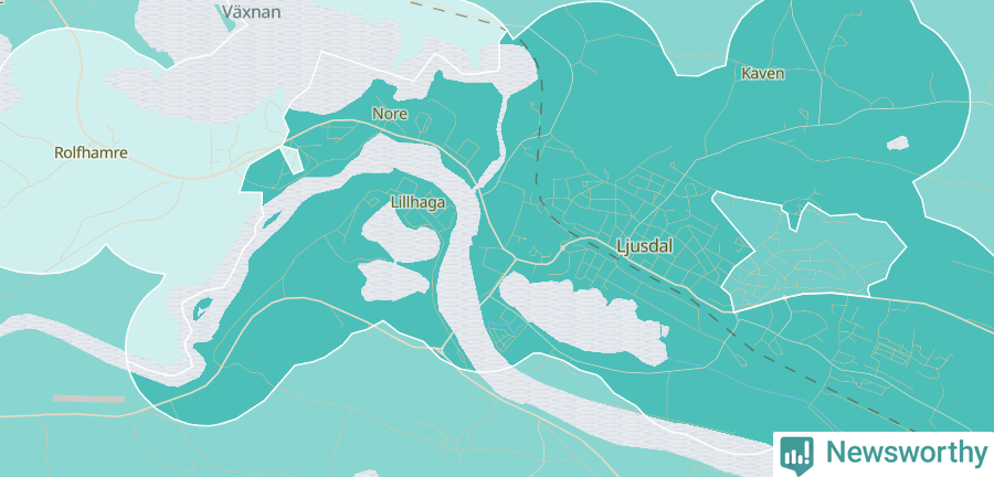 Karta över andel av befolkningen är ensamstående utan barn per område i Ljusdal 2023.