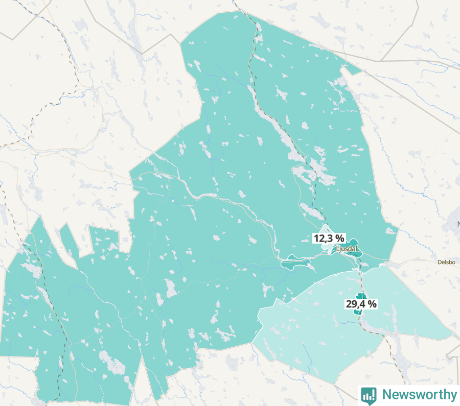 Karta över andel av befolkningen är ensamstående utan barn per område i Ljusdal 2023.