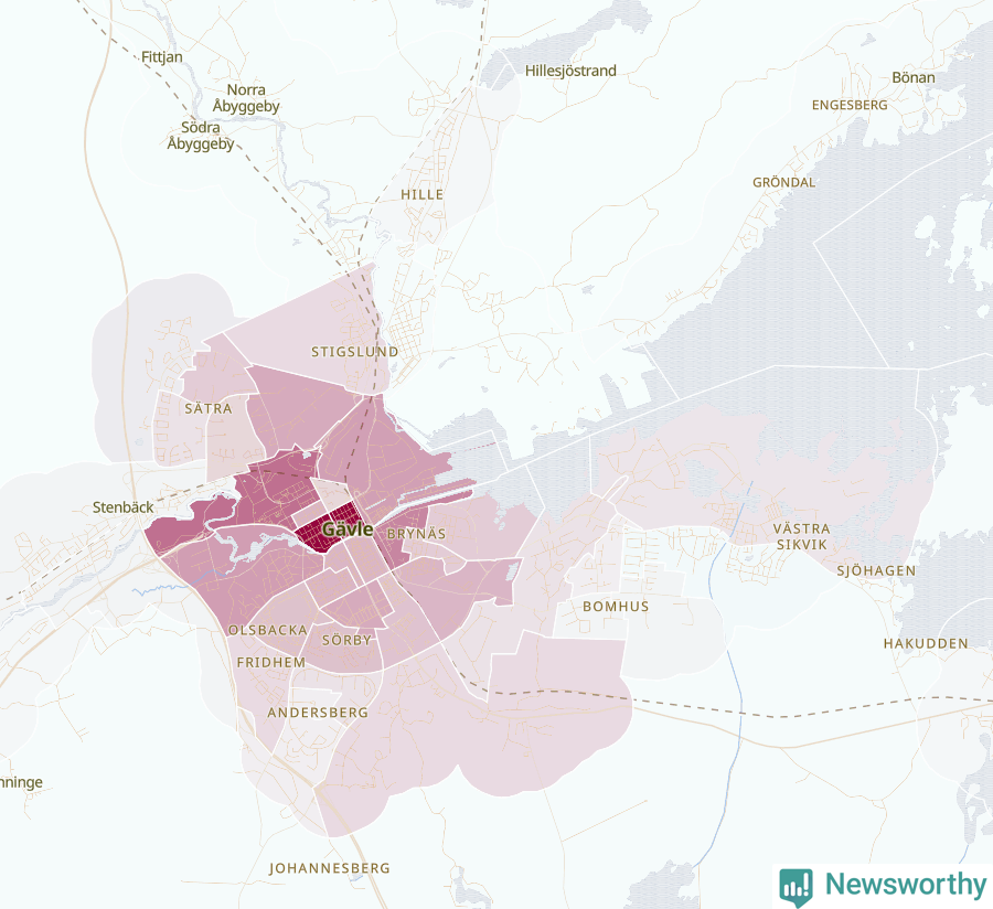 Karta som visar antalet cykelstölder i olika delar av Gävle, se tabell ovan