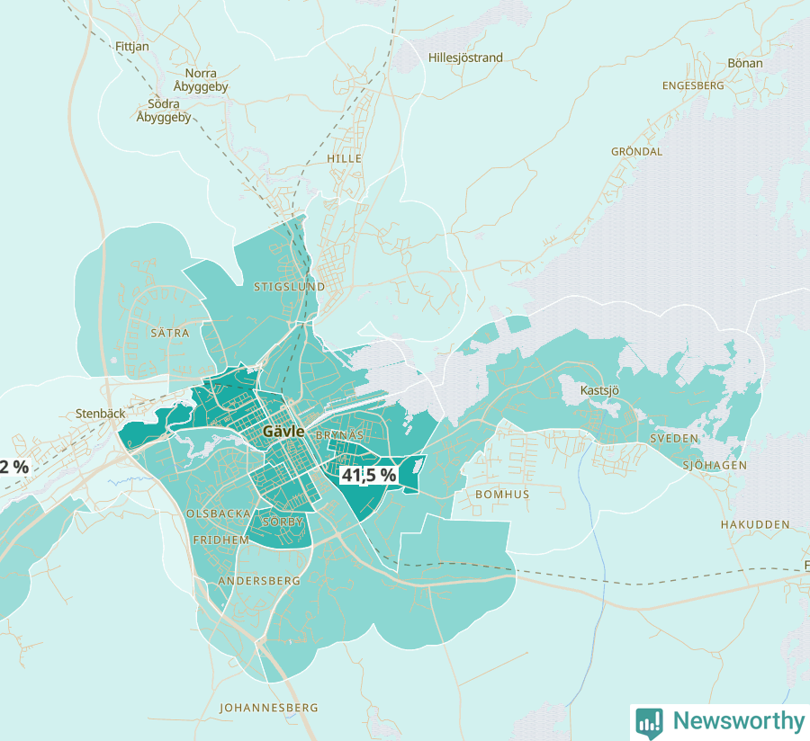 Karta över andel av befolkningen är ensamstående utan barn per område i Gävle 2023.