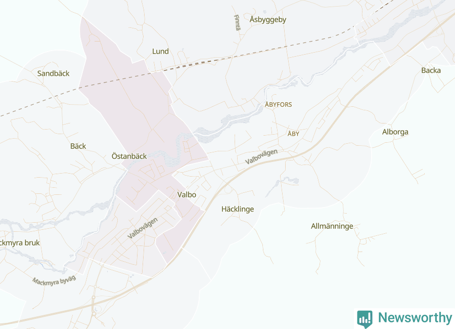 Karta som visar antalet cykelstölder i olika delar av Valbo, se tabell ovan