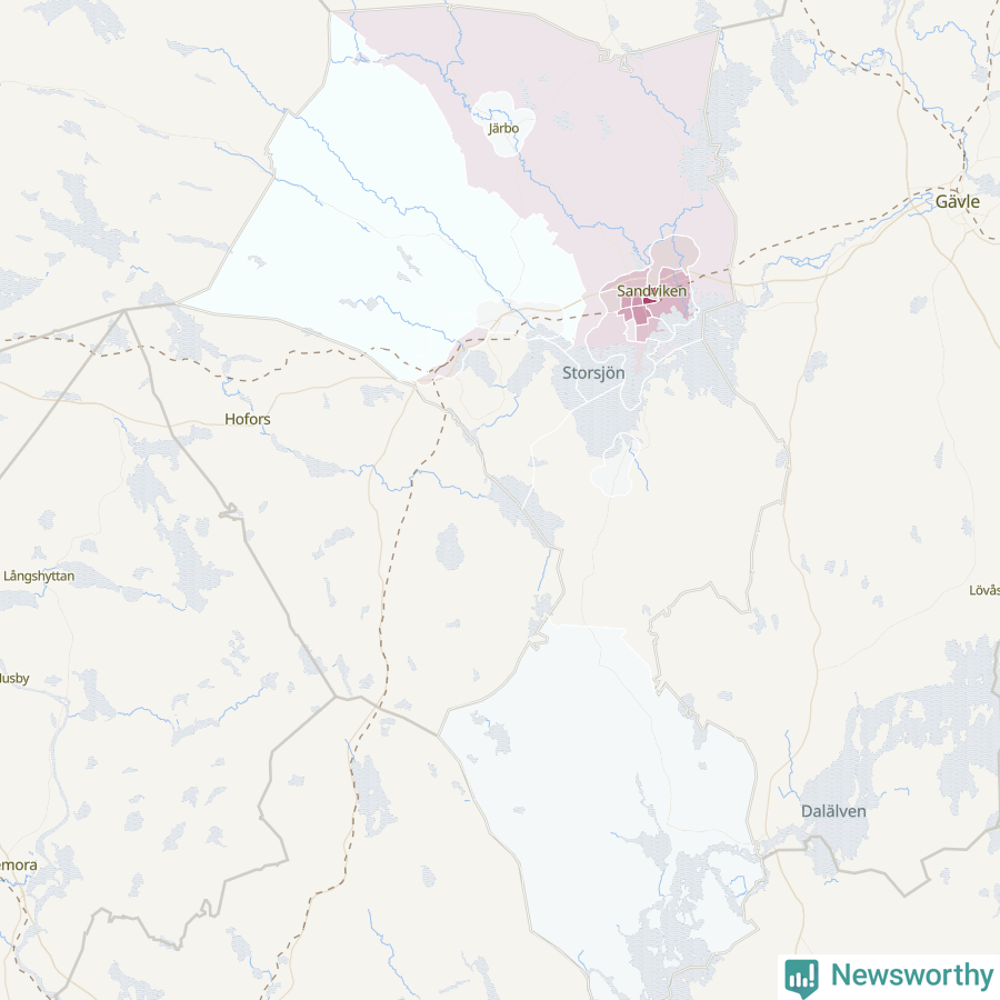 Karta som visar antalet cykelstölder i olika delar av Sandvikens kommun, även i tabell nedan