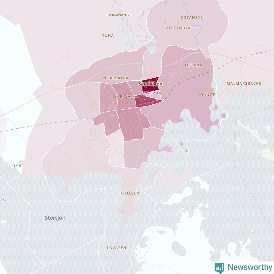 Karta som visar antalet cykelstölder i olika delar av Sandviken, se tabell ovan