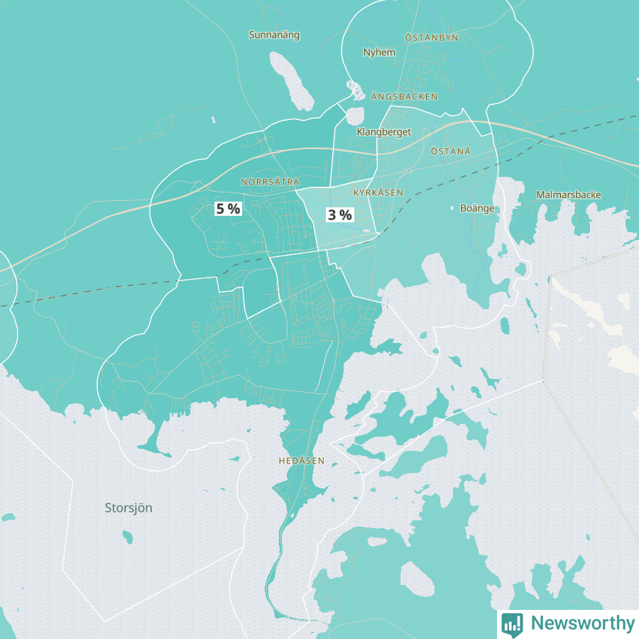 Karta över andel av befolkningen är mellan 0 och 4 år per område i Sandviken 2024.