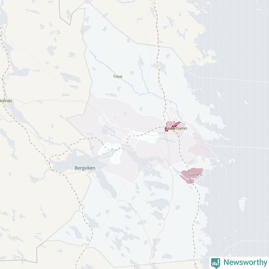 Karta som visar antalet cykelstölder i olika delar av Söderhamns kommun, även i tabell nedan