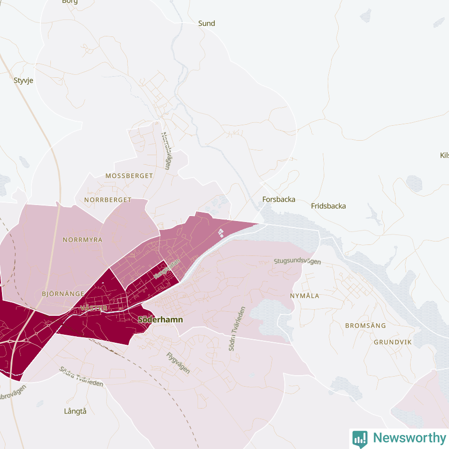 Karta som visar antalet cykelstölder i olika delar av Söderhamn, se tabell ovan