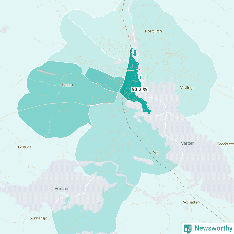 Karta över andel av befolkningen är ensamstående utan barn per område i Bollnäs 2023.