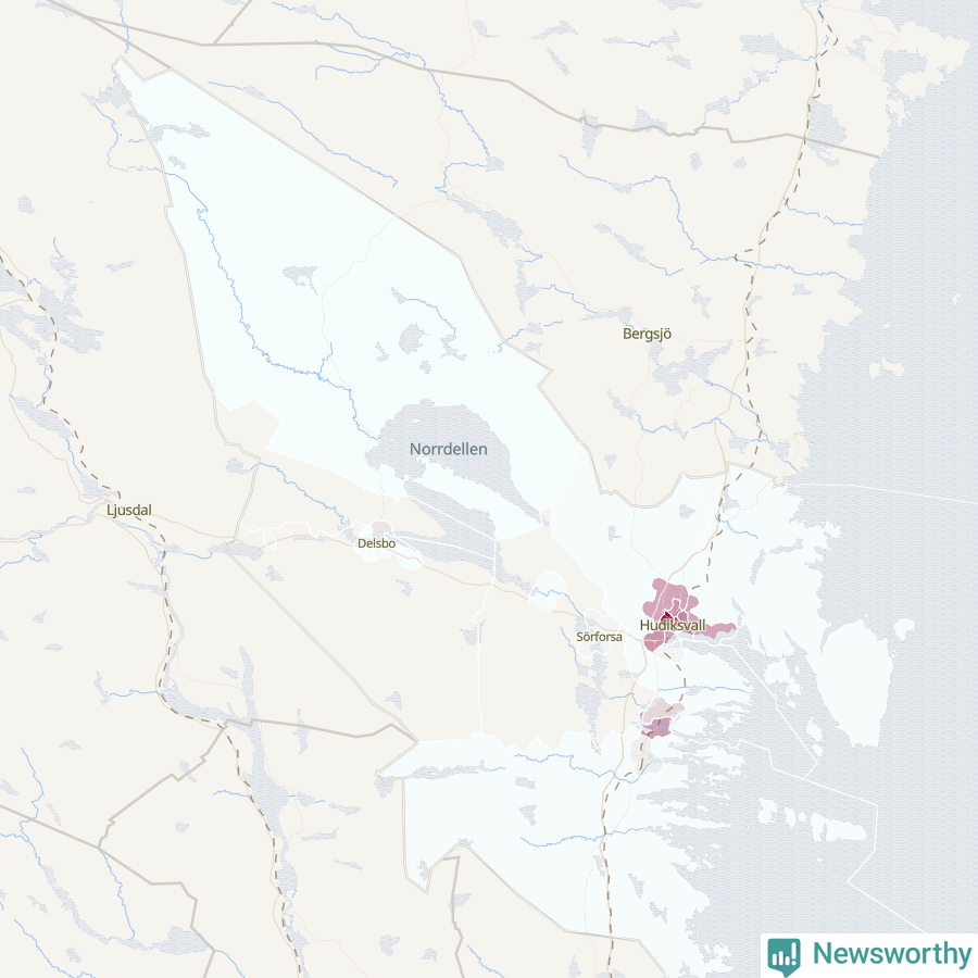 Karta som visar antalet cykelstölder i olika delar av Hudiksvalls kommun, även i tabell nedan